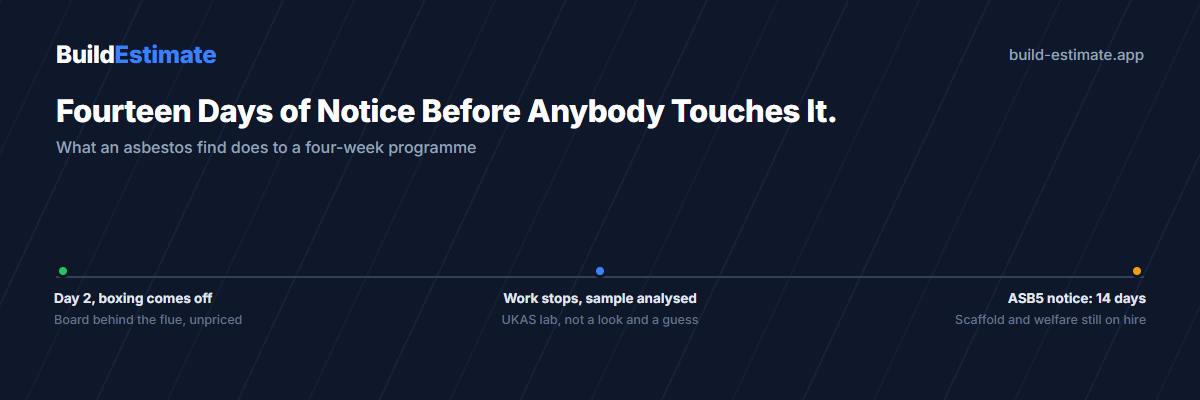 A three-stage timeline: boxing comes off on day two, work stops for a UKAS lab analysis, then a 14-day ASB5 notice while scaffold and welfare stay on hire.