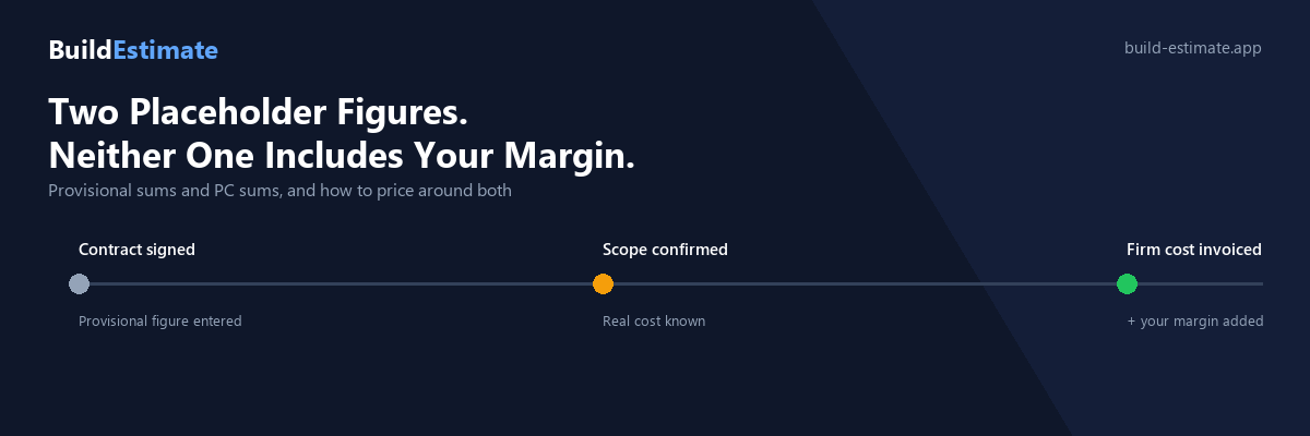 Timeline showing a provisional or PC sum moving from contract signed, through scope confirmed, to firm cost invoiced with your margin added